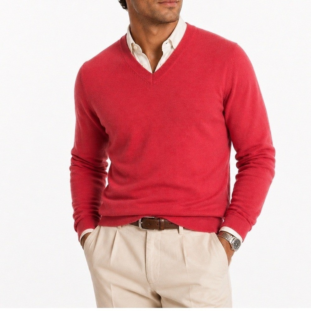 Lands End Pink Cashmere Sweater Mens M V Neck Salmon Knit Shirt Office Casual